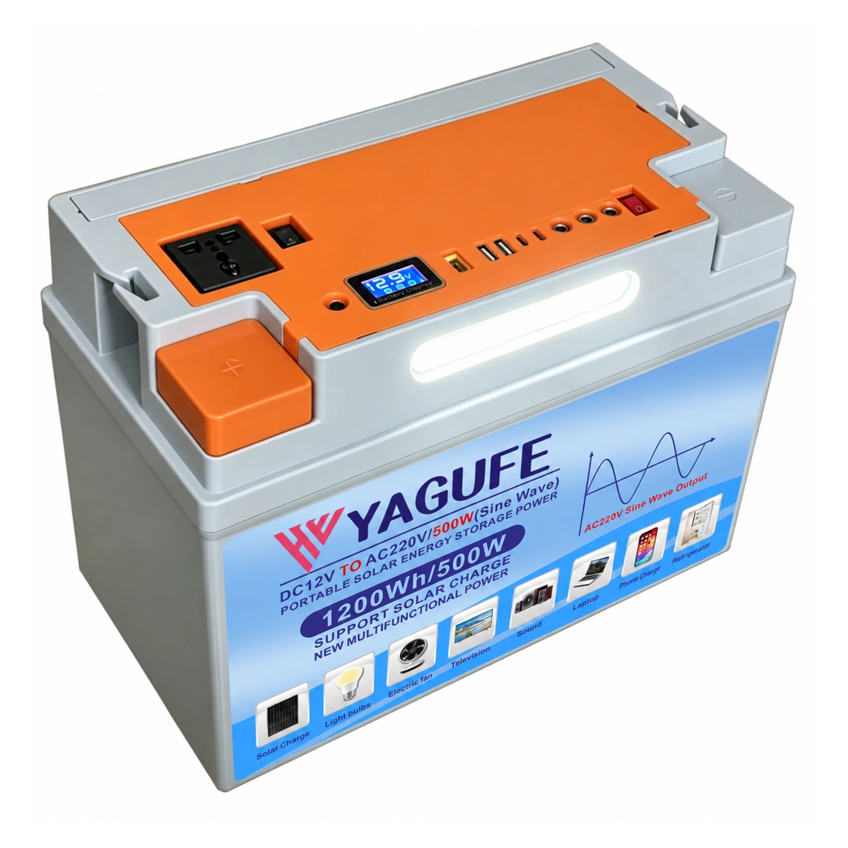 YAGUFE 100Ah 1200Wh energy storage system branding visualization on a white background