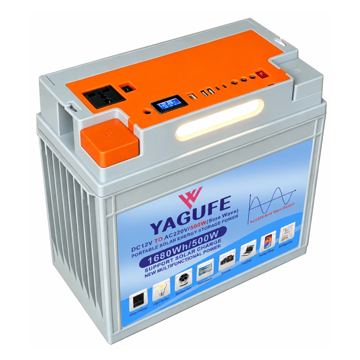 YAGUFE 140Ah 1680Wh energy storage system branding visualization on a white background