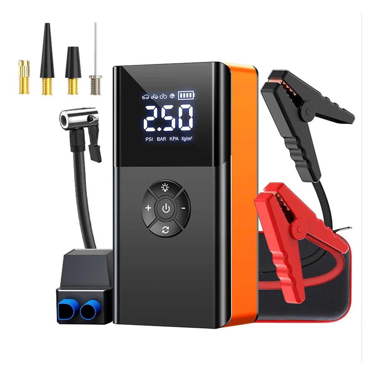 PS-211 car jump starter and accessories on a white background