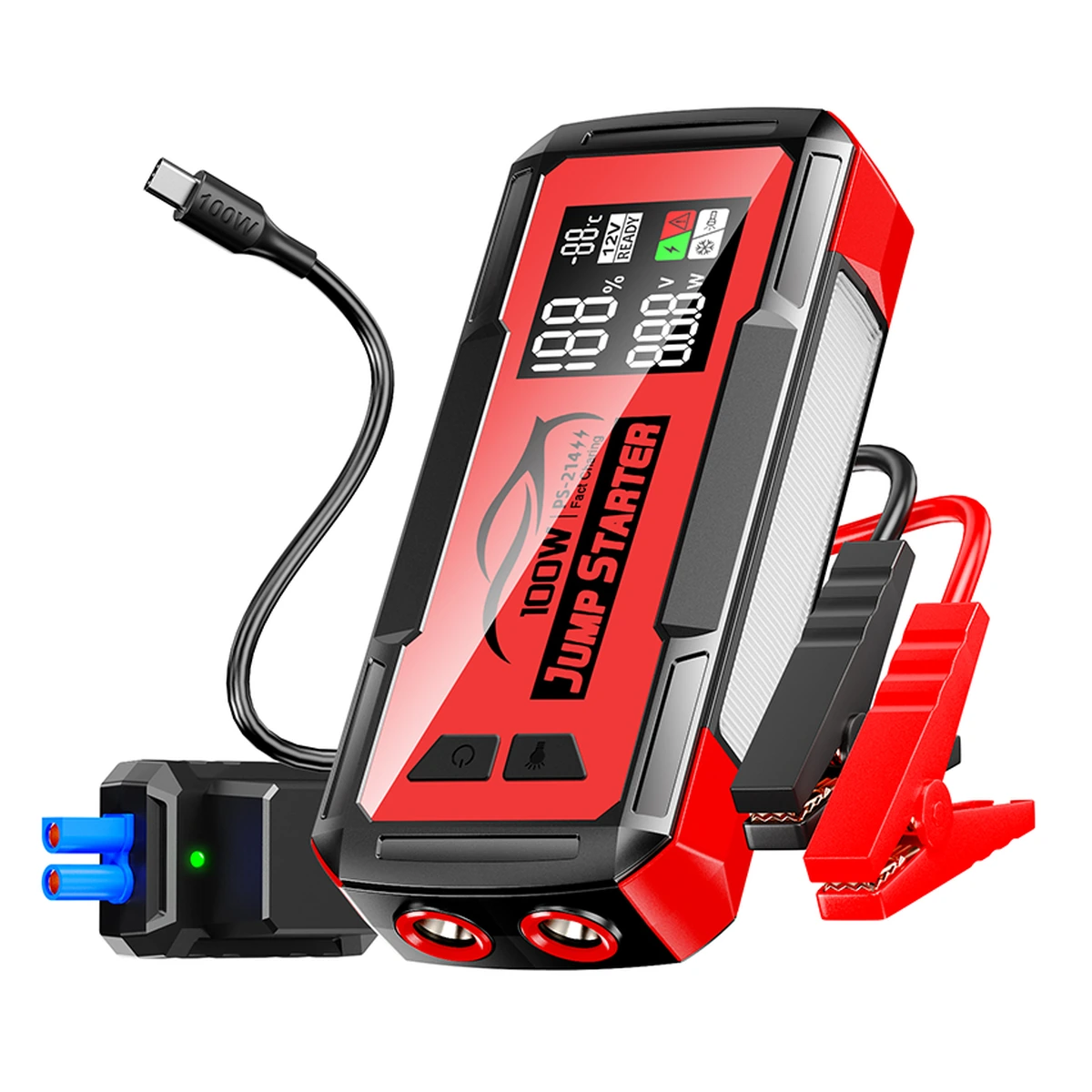 PS-214 car jump starter and accessories on a white background