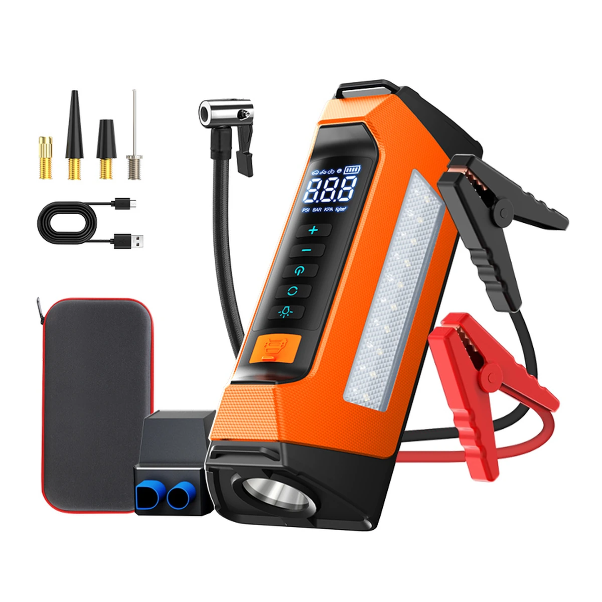 PS-219 car jump starter and accessories on a white background