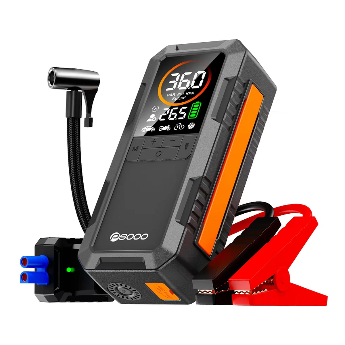 PS-987 car jump starter and accessories on a white background