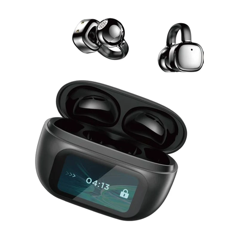 G08 open-ear clip TWS earbuds and charging case on white background