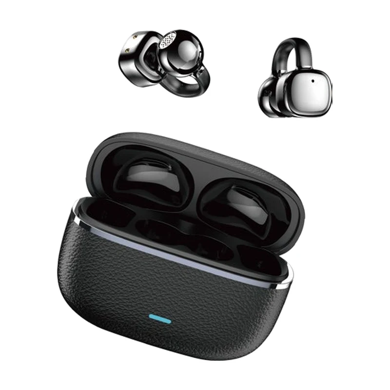 G15 open-ear clip TWS earbuds and charging case on white background