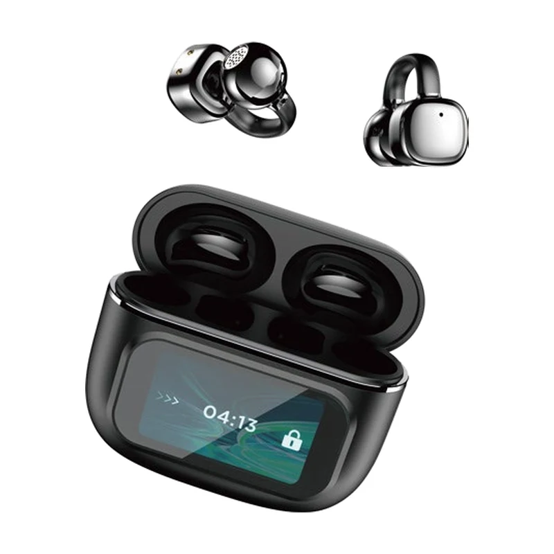 G22 open-ear clip TWS earbuds and charging case on white background