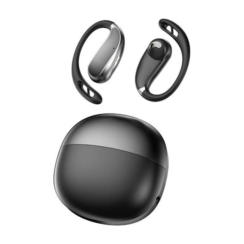 G61 open-ear hook TWS earbuds and charging case on white background
